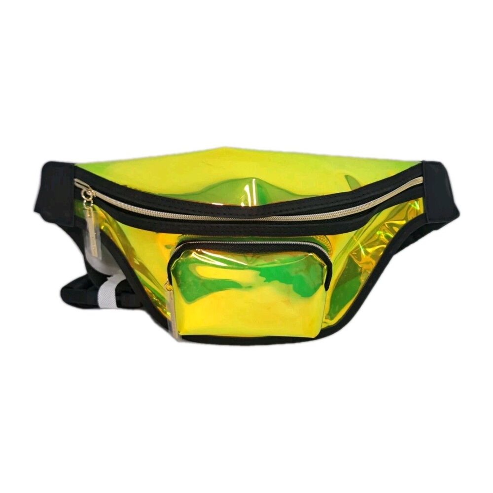 Fanny Pack Women Designer Lancome Yellow Holographic Belt Bag Black Trim Travel